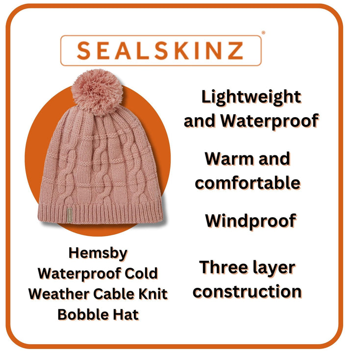 Mens & Ladies Waterproof Cold Weather Cable Knit Bobble Hat