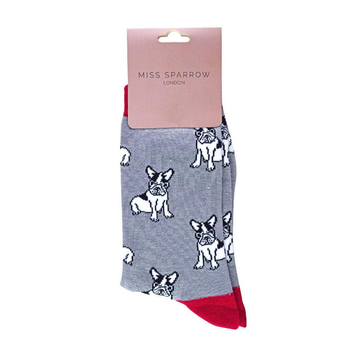 1 Packung Damen-Socken mit Bambusmotiv und grauem Französische-Bulldoggen-Motiv