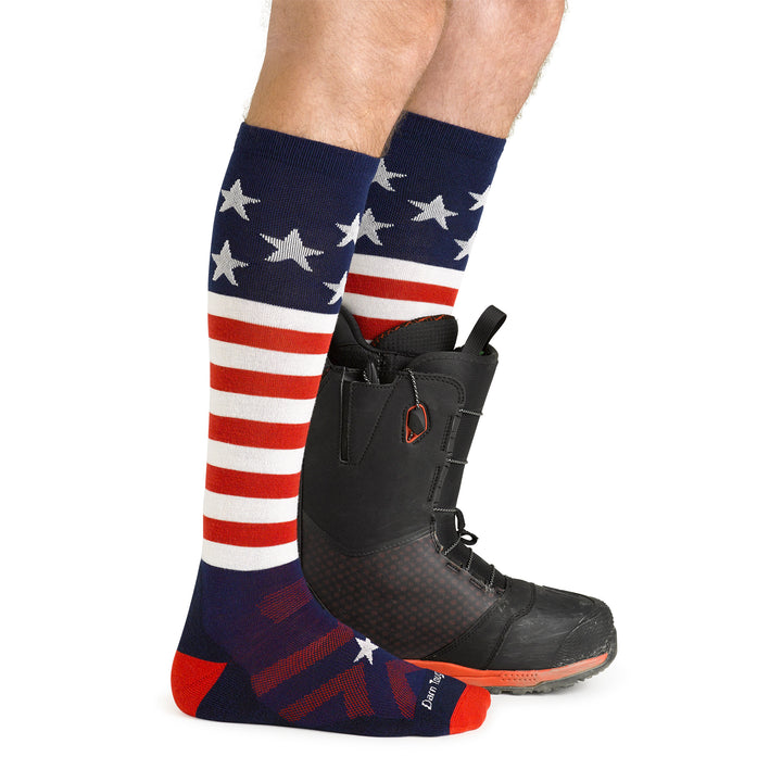 Mens Merino Wool Captain Stripe US Flag Knee High Midweight Ski Snowboard Socks