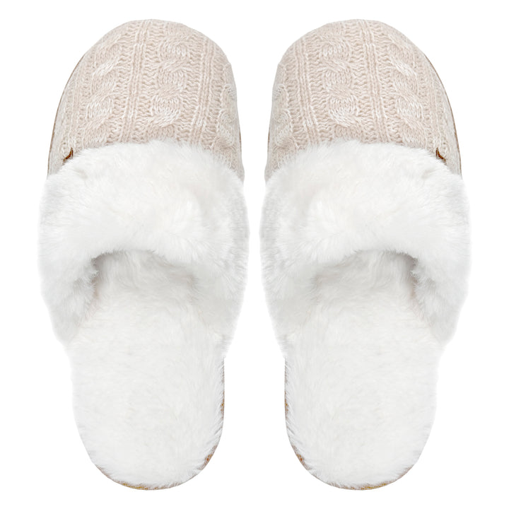 Ladies Cable Knit Faux Fur Thermal Winter Slippers