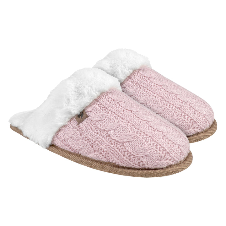 Ladies Cable Knit Faux Fur Thermal Winter Slippers