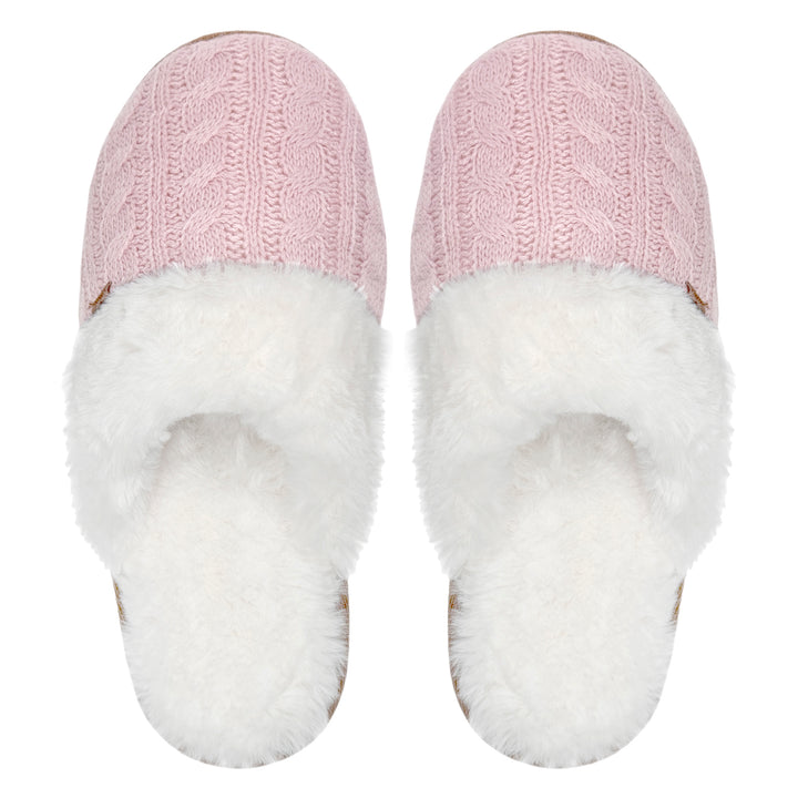 Ladies Cable Knit Faux Fur Thermal Winter Slippers