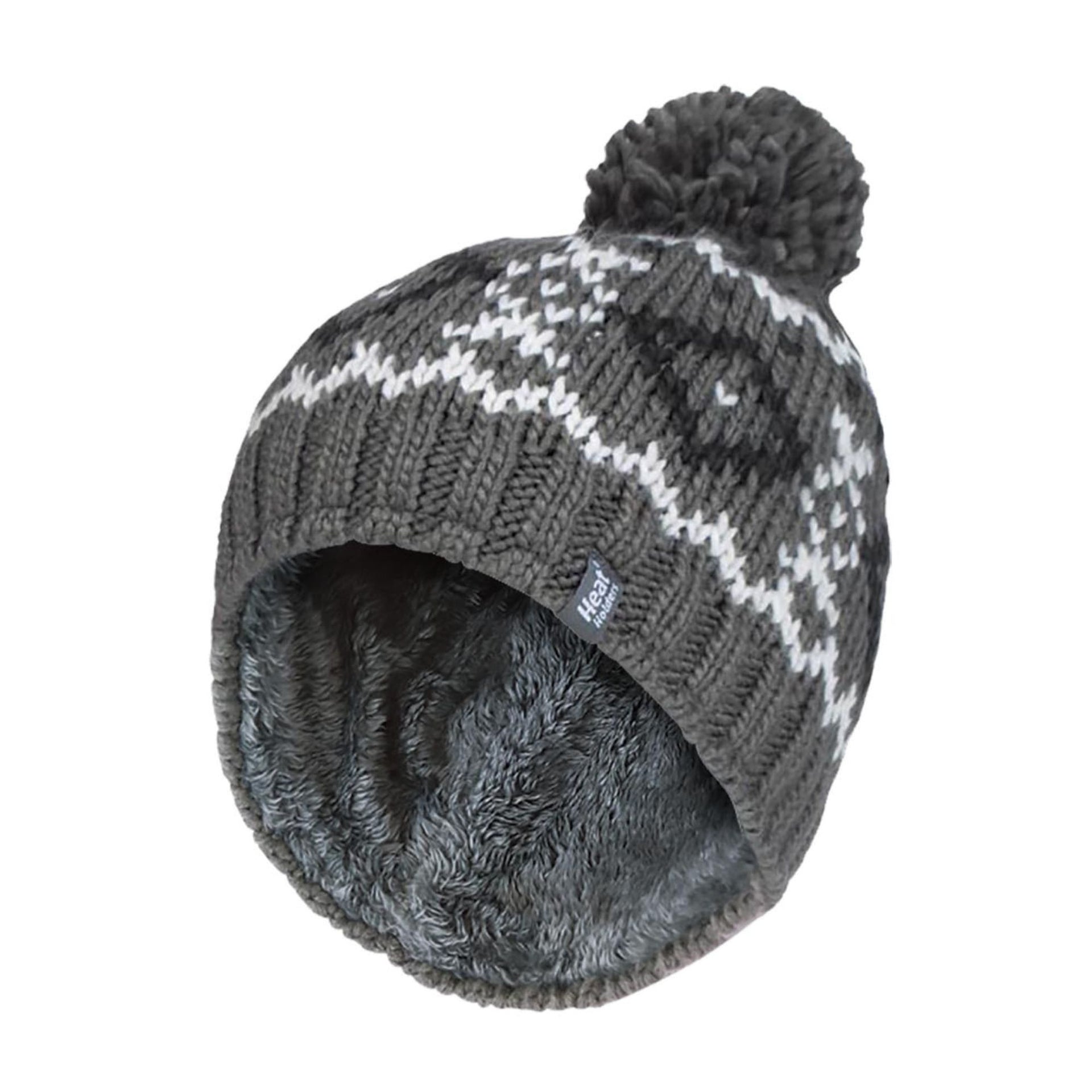 Mens Fleece Lined Thermal Winter Warm Beanie Bobble Hat with Pom Pom One  Size Grey White