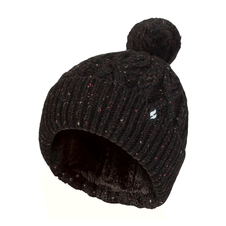 Kuschelige Bommelmütze mit Bommeln für Damen | Zopfmuster-Beanie mit Fleecefutter