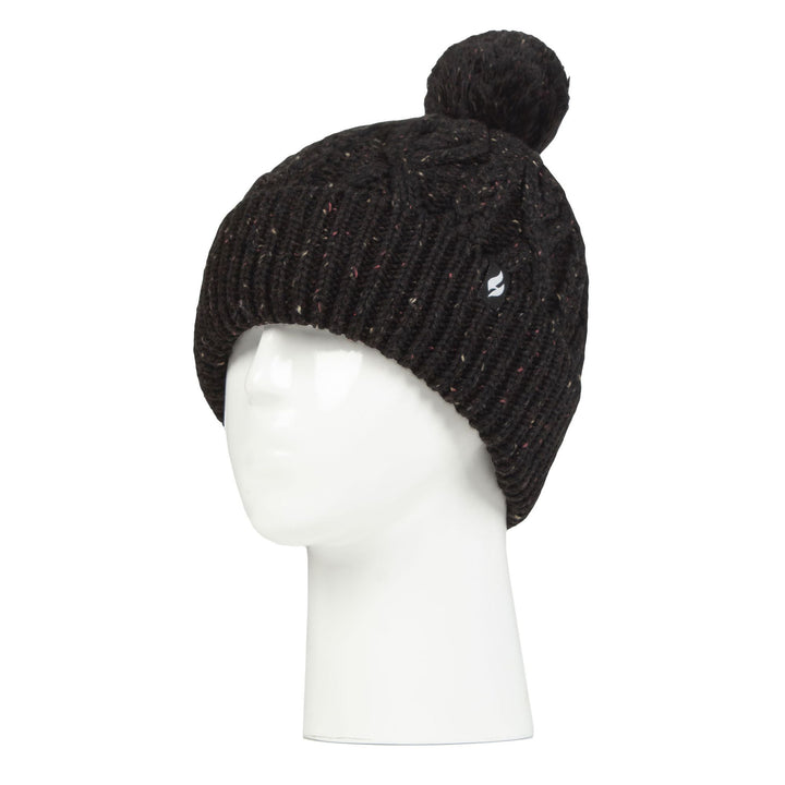 Kuschelige Bommelmütze mit Bommeln für Damen | Zopfmuster-Beanie mit Fleecefutter