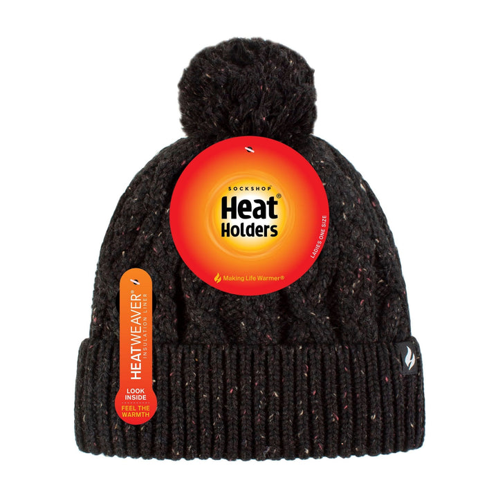 Kuschelige Bommelmütze mit Bommeln für Damen | Zopfmuster-Beanie mit Fleecefutter