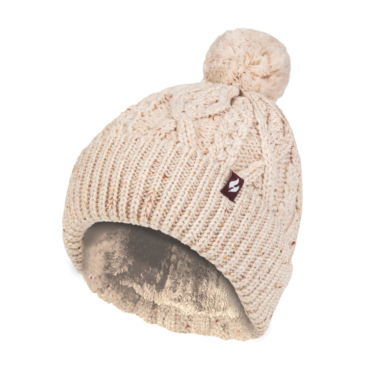 Kuschelige Bommelmütze mit Bommeln für Damen | Zopfmuster-Beanie mit Fleecefutter