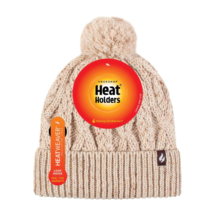 Kuschelige Bommelmütze mit Bommeln für Damen | Zopfmuster-Beanie mit Fleecefutter