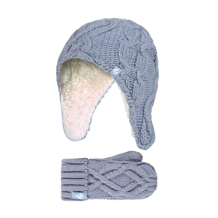 Mädchen-Set mit Trappermütze und Fäustlingen im Zopfmuster