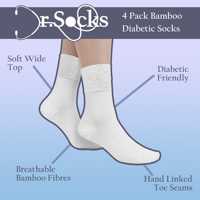 4 Pack Ladies Bamboo Diabetic Socks Soft Breathable Non Binding Socks