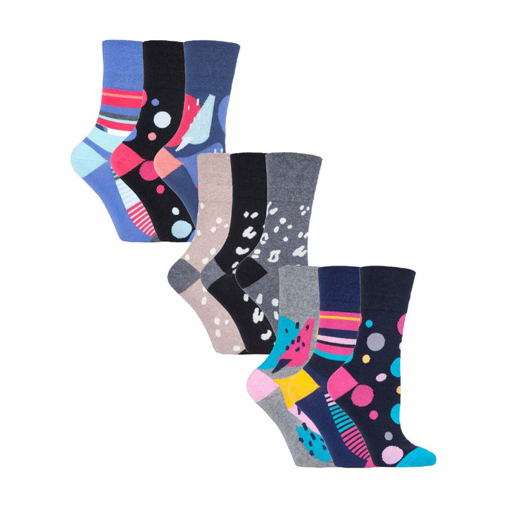 Ladies 9 Pack Non-Binding Cotton Crew Socks with Stripes Patterned