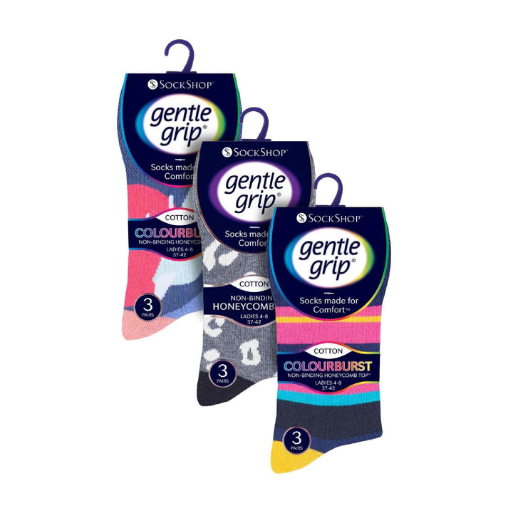 Ladies 9 Pack Non-Binding Cotton Crew Socks with Stripes Patterned
