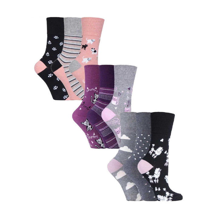 Ladies 9 Pack Non-Binding Cotton Crew Socks with Stripes Patterned
