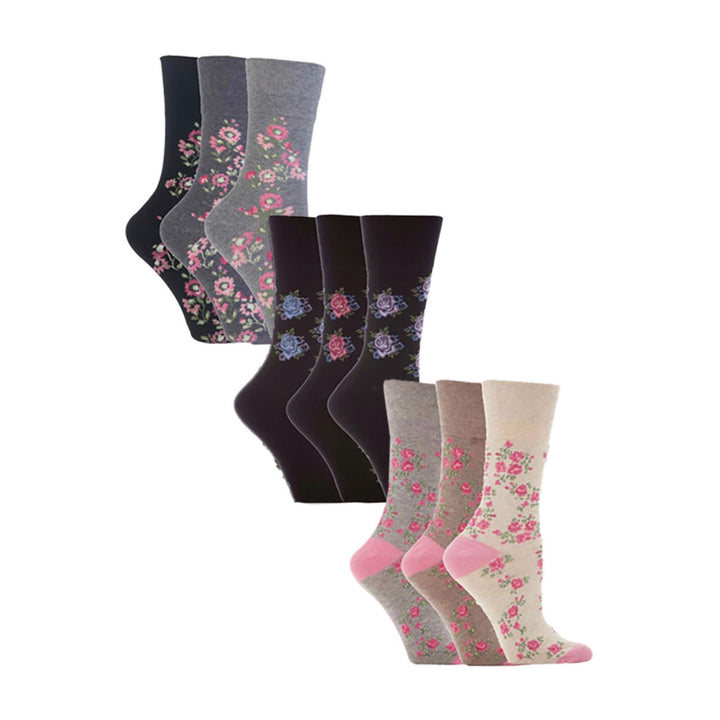 Ladies 9 Pack Non-Binding Cotton Crew Socks with Stripes Patterned