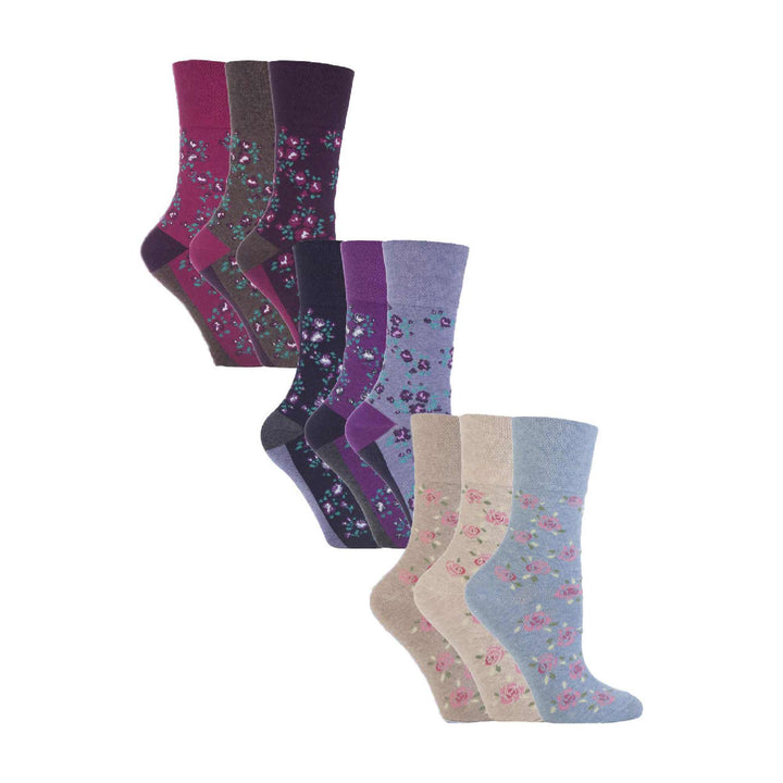 Ladies 9 Pack Non-Binding Cotton Crew Socks with Stripes Patterned
