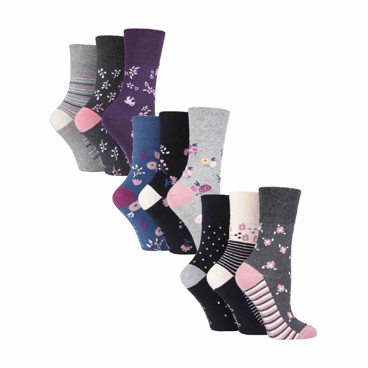 Ladies 9 Pack Non-Binding Cotton Crew Socks with Stripes Patterned