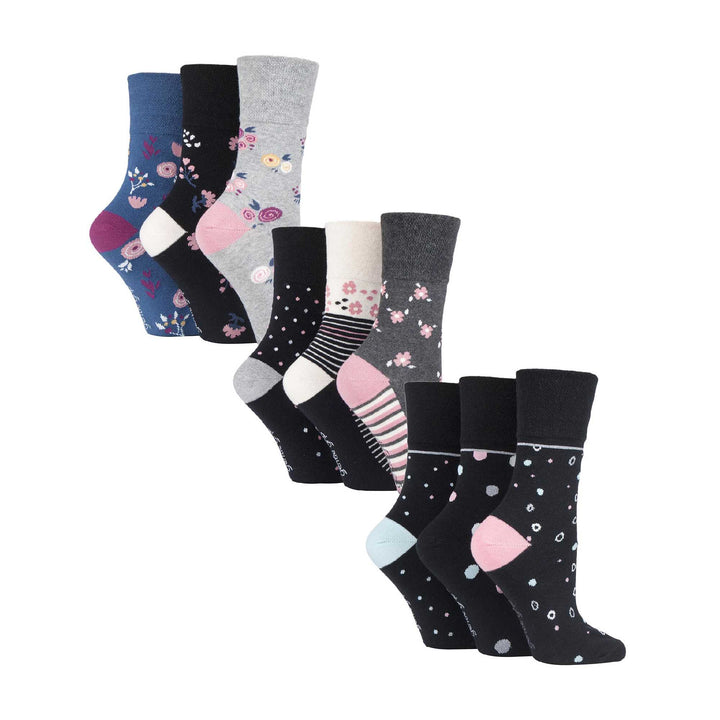 Ladies 9 Pack Non-Binding Cotton Crew Socks with Stripes Patterned