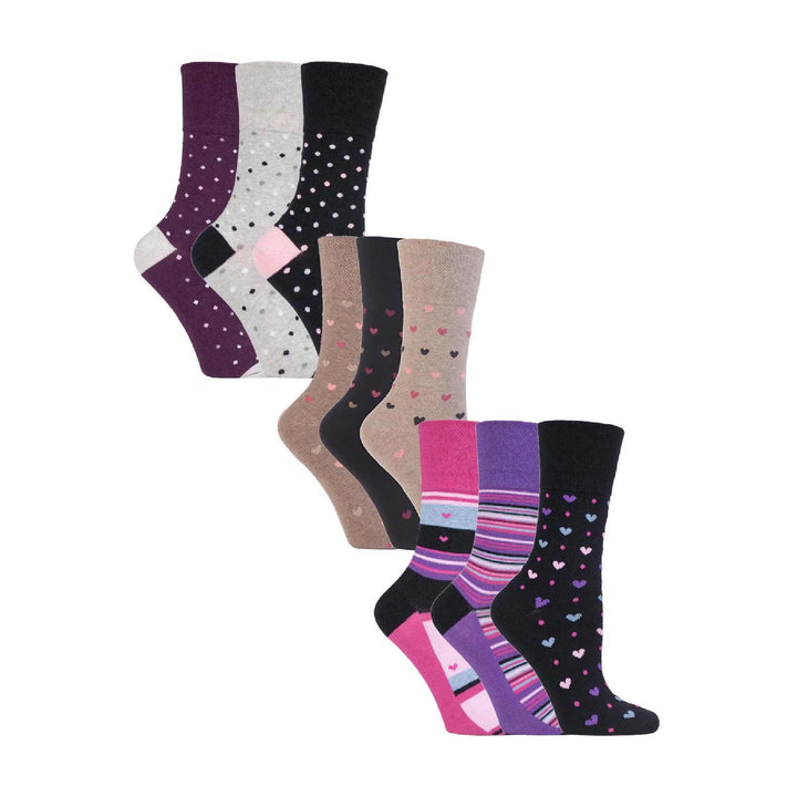 Ladies 9 Pack Non-Binding Cotton Crew Socks with Stripes Patterned