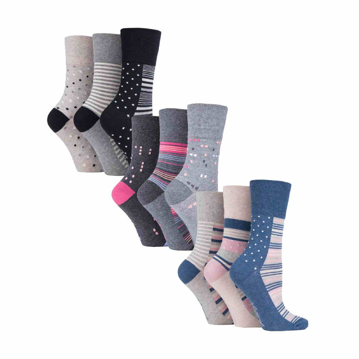 Ladies 9 Pack Non-Binding Cotton Crew Socks with Stripes Patterned