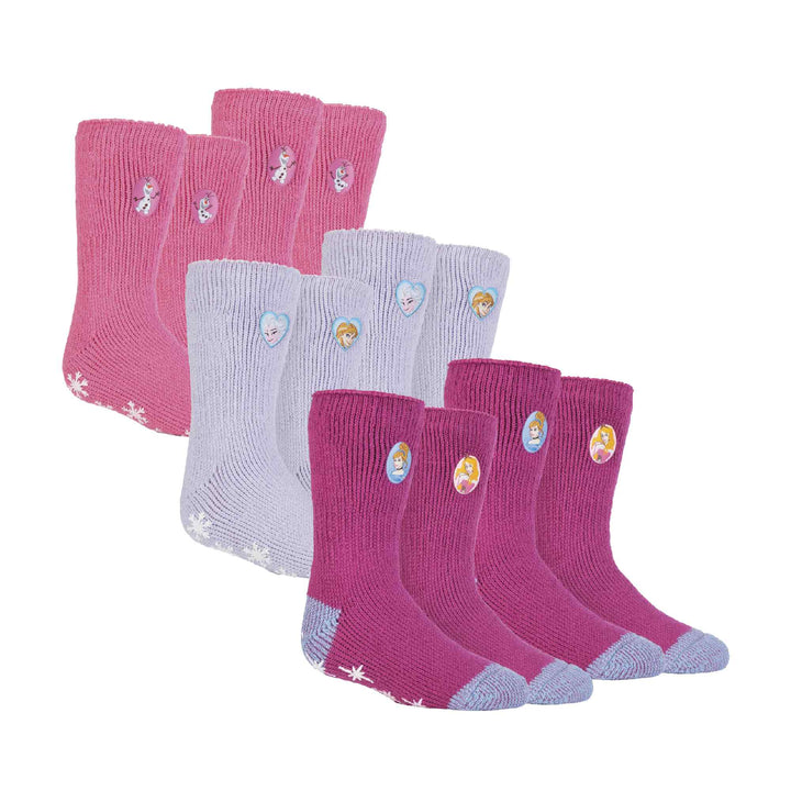 6 Pack Girls Non Slip Character Socks with Frozen Olaf and Princess Designs