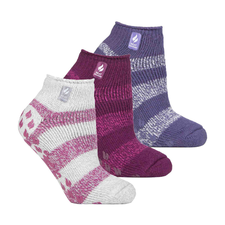 3 Pair Ladies Ankle Slipper Socks | Fleece Low Cut Fluffy Socks with Grippers