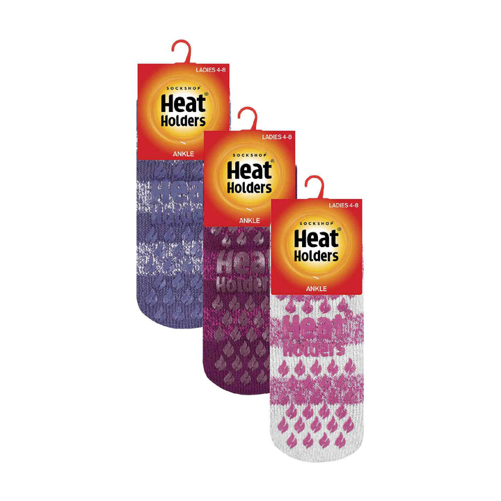 3 Pair Ladies Ankle Slipper Socks | Fleece Low Cut Fluffy Socks with Grippers