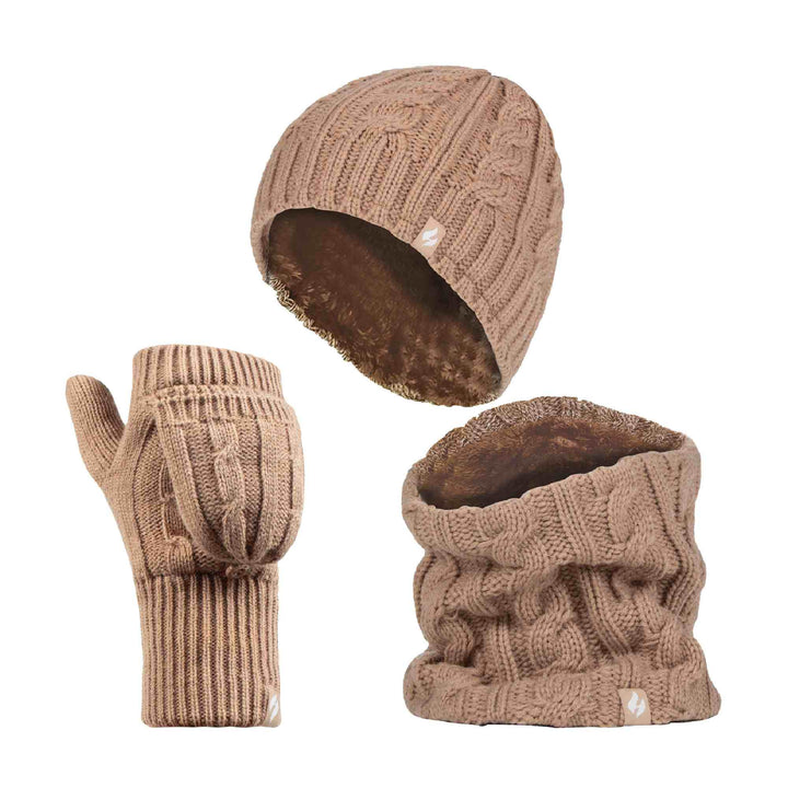 Ladies Fleece Lined Thermal Winter Hat, Neck Warmer & Converter Gloves Set