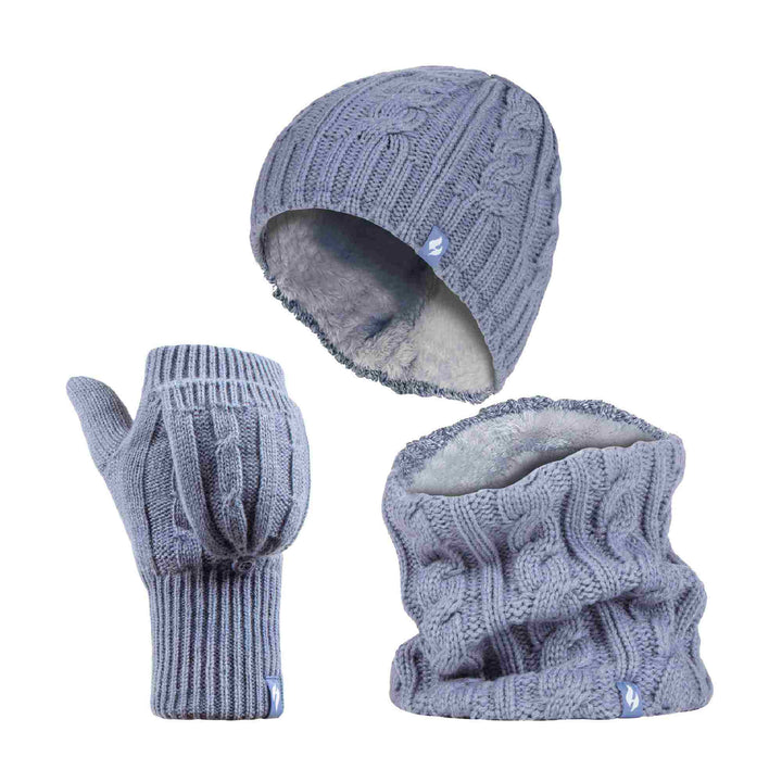 Ladies Fleece Lined Thermal Winter Hat, Neck Warmer & Converter Gloves Set