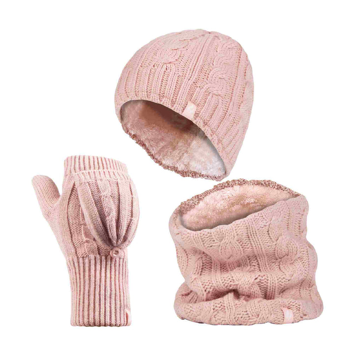 Ladies Fleece Lined Thermal Winter Hat, Neck Warmer & Converter Gloves Set