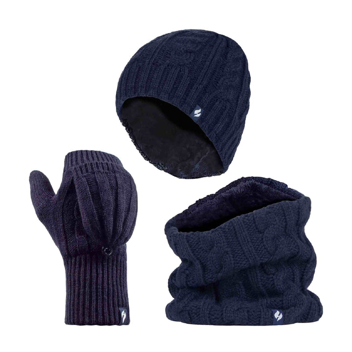 Ladies Fleece Lined Thermal Winter Hat, Neck Warmer & Converter Gloves Set