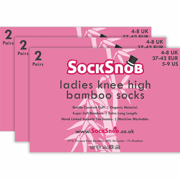 Ladies 6 Pairs Long Bamboo Socks | Knee High Plain & Patterned Design Socks