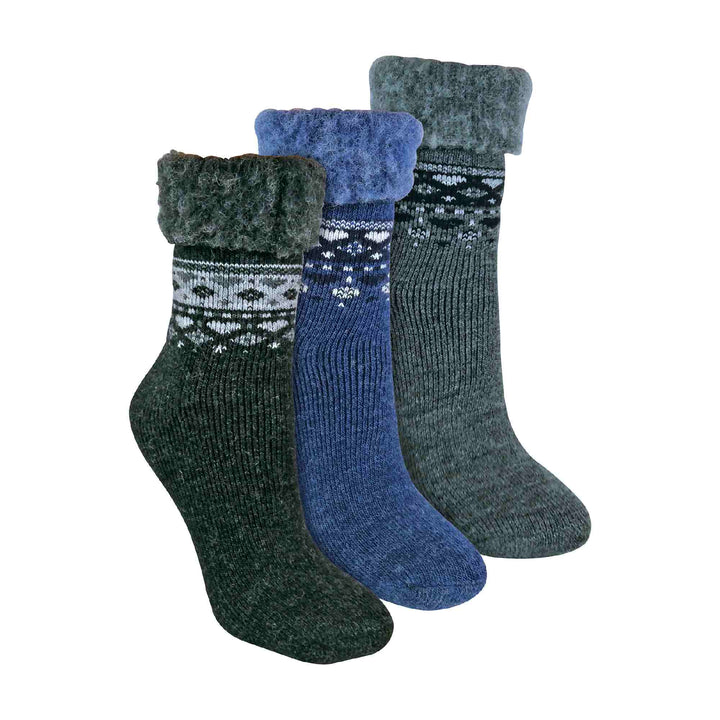 Ladies 3 Pack Turnover Top Wool Bed Socks for Winter - Fluffy Nordic Design