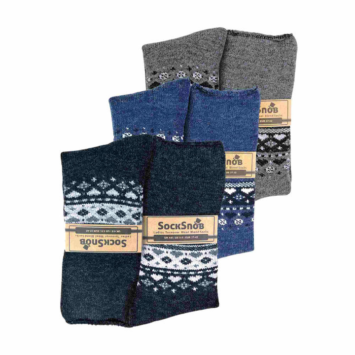Ladies 3 Pack Turnover Top Wool Bed Socks for Winter - Fluffy Nordic Design