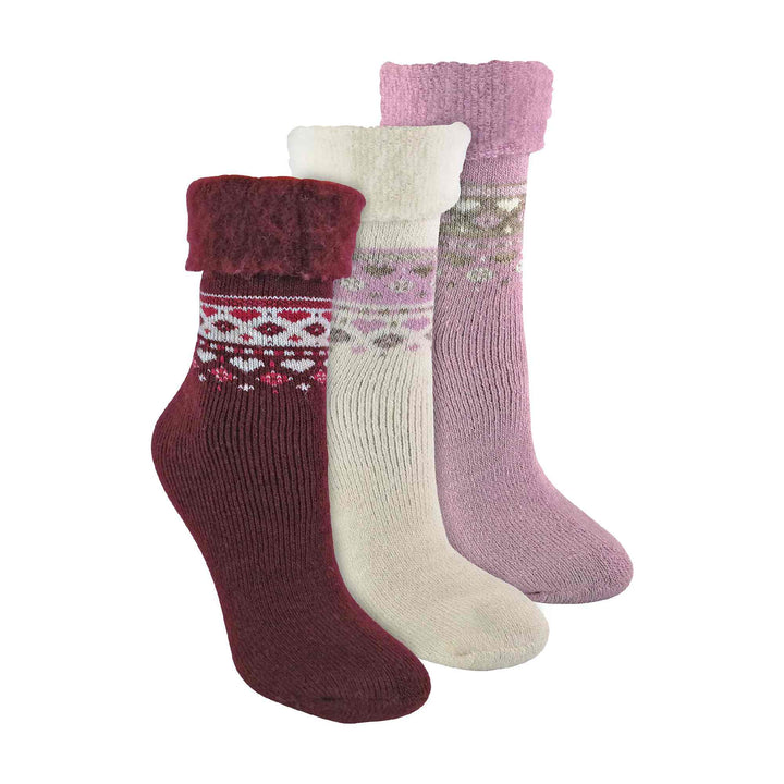 Ladies 3 Pack Turnover Top Wool Bed Socks for Winter - Fluffy Nordic Design
