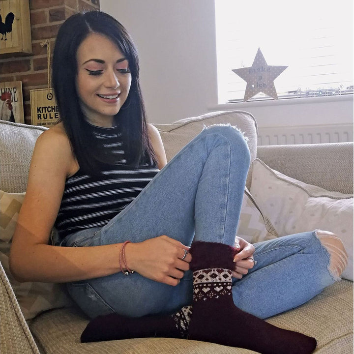 Ladies 3 Pack Turnover Top Wool Bed Socks for Winter - Fluffy Nordic Design