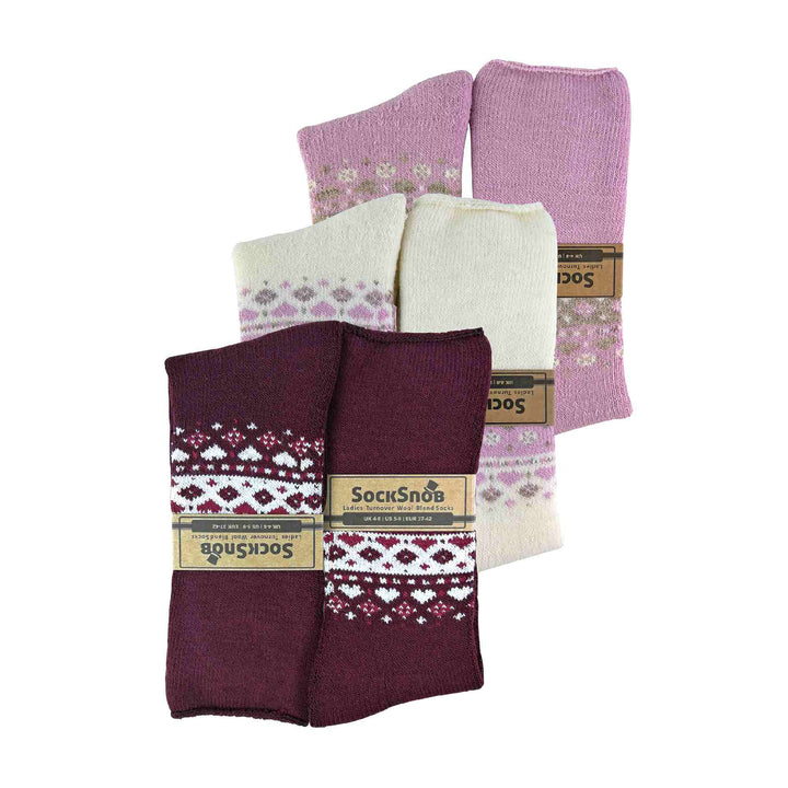 Ladies 3 Pack Turnover Top Wool Bed Socks for Winter - Fluffy Nordic Design