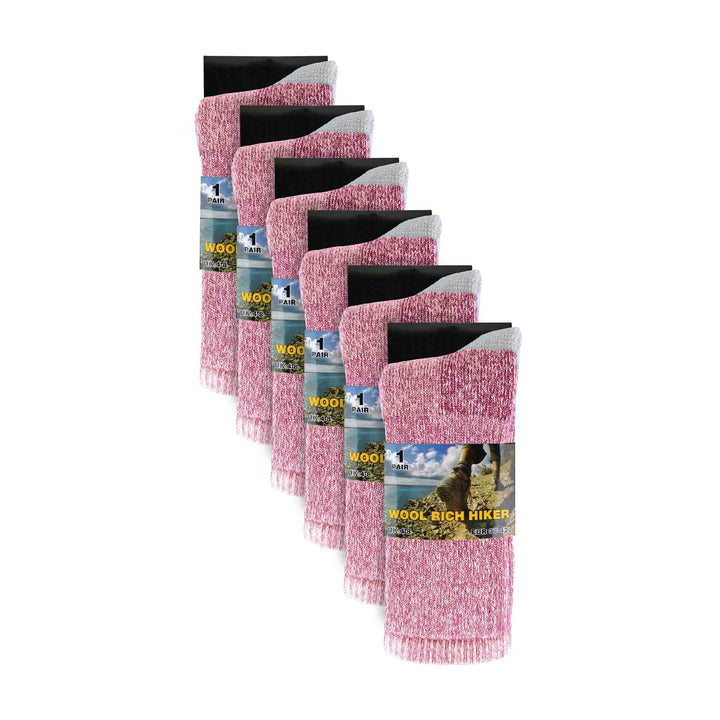 Ladies 6 Pairs Wool Socks - Cushioned Hiking Socks with Reinforced Heel & Toe