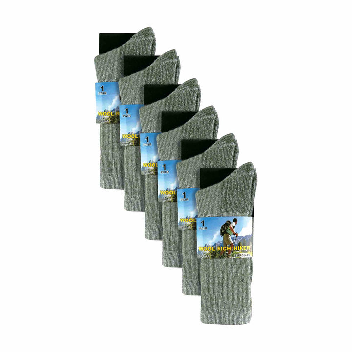 Mens 6 Pairs Multipack Crew Wool Socks: Reinforced Heel & Toe