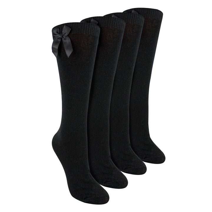 Girls 4 Pack Knee High School Socks with Ribbon Bow | Kids Plain Long Socks
