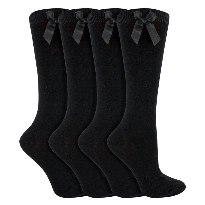 Girls 4 Pack Knee High School Socks with Ribbon Bow | Kids Plain Long Socks