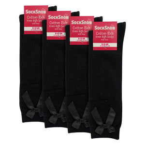 Girls 4 Pack Knee High School Socks with Ribbon Bow | Kids Plain Long Socks