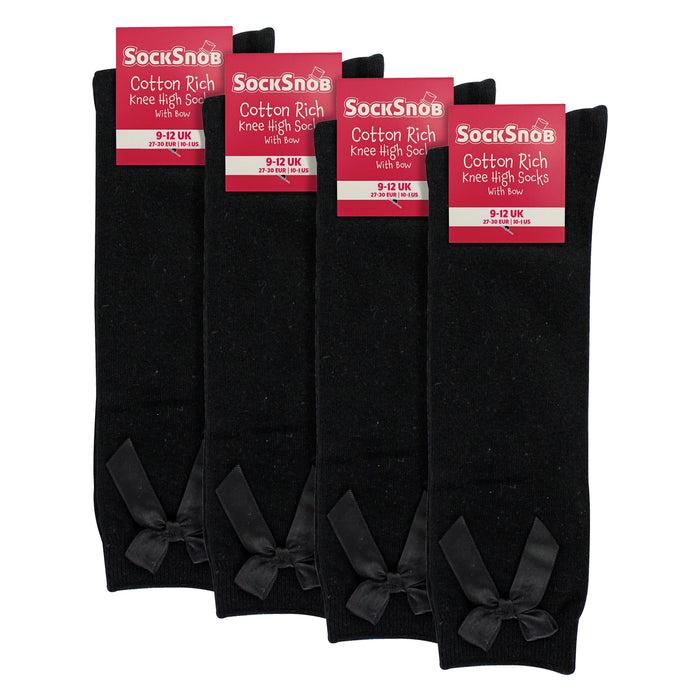 4er-Pack kniehohe Schulsocken für Mädchen mit Schleife | Einfarbige lange Kindersocken