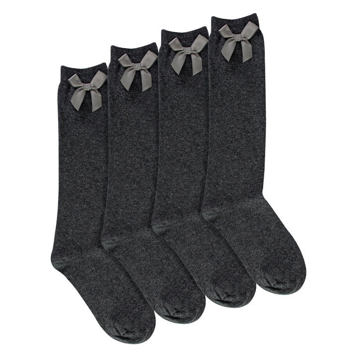 Girls 4 Pack Knee High School Socks with Ribbon Bow | Kids Plain Long Socks
