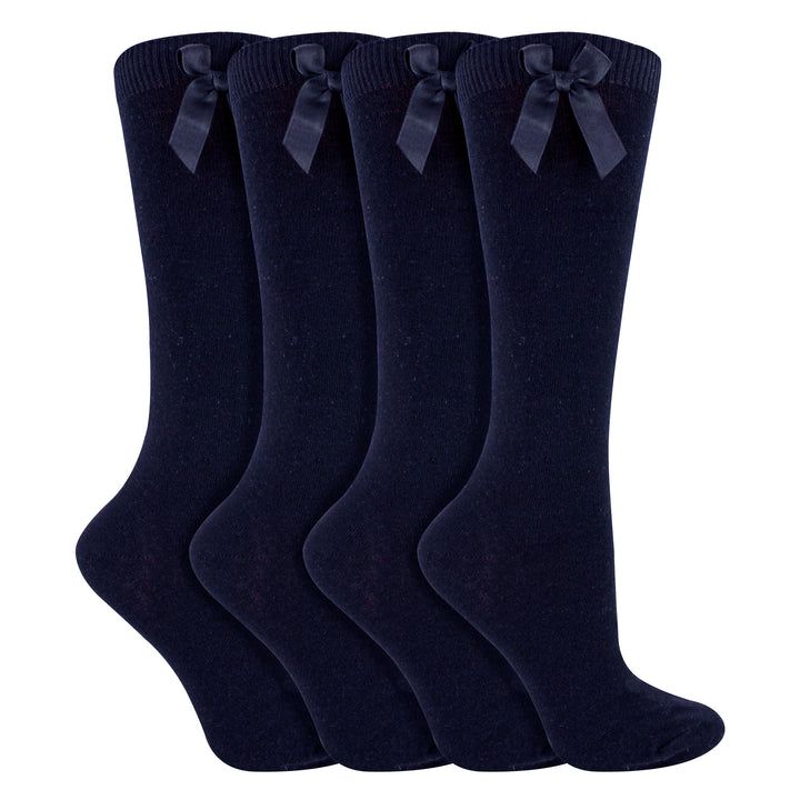 Girls 4 Pack Knee High School Socks with Ribbon Bow | Kids Plain Long Socks