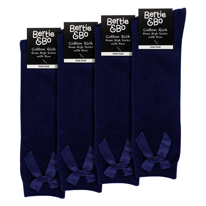 Girls 4 Pack Knee High School Socks with Ribbon Bow | Kids Plain Long Socks