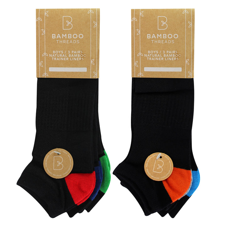 6 Pack Boys Bamboo Trainer Socks | Kids Black Low Cut Heel & Toe Socks