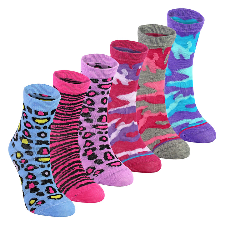 6 Pack Girls Animal Print Cotton Socks | Colourful Camo Patterned Socks