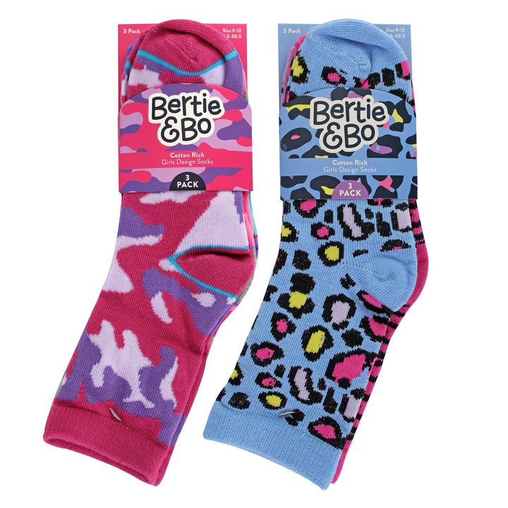 6 Pack Girls Animal Print Cotton Socks | Colourful Camo Patterned Socks