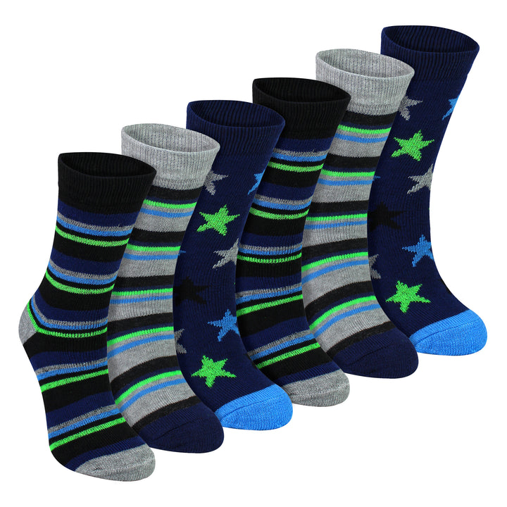 6 Pairs Boys Warm Bed Socks | Stripes & Stars Patterned Breathable Socks