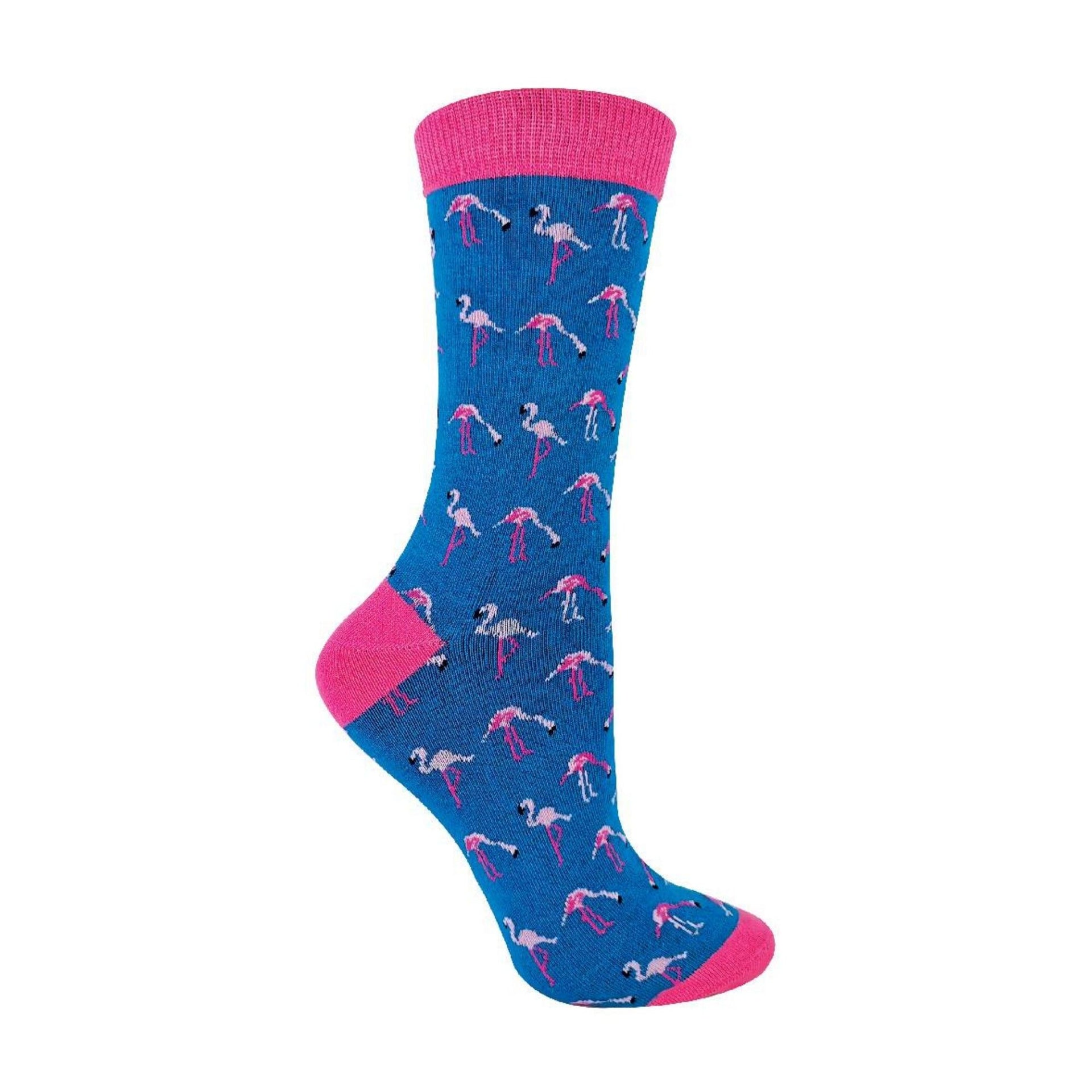 paquet de chaussettes fantaisie en bambou pour femme, motif flamants  roses bleu denim 4-7 Royaume-Uni Flamants roses